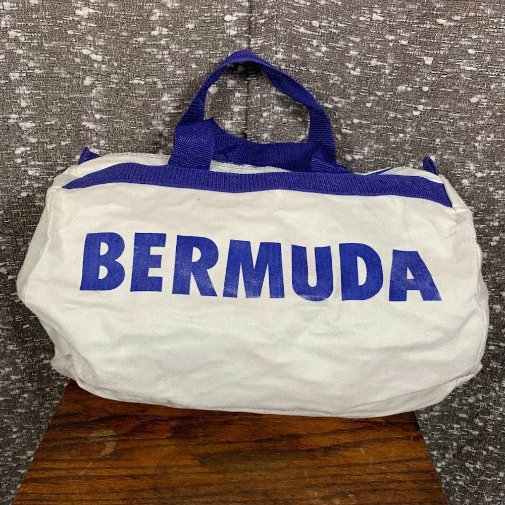Vintage Bermuda Canvas Duffle Travel Bag Blue/White Double Handle‎